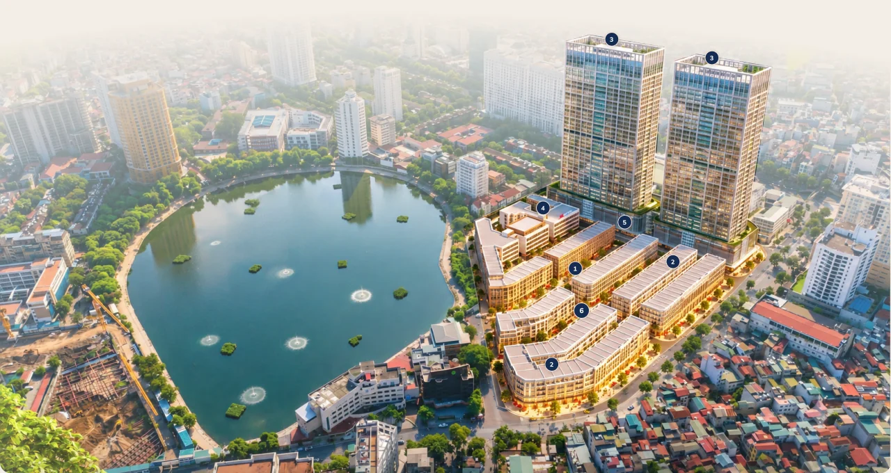 Phối cảnh tiện ích Vinhomes The Gallery bên hồ Giảng Võ, đánh số 1–6 theo danh sách