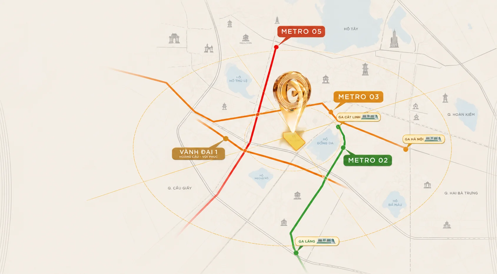Bản đồ hạ tầng: Metro 02, 03, 05 và Vành đai 1 quanh Vinhomes The Gallery